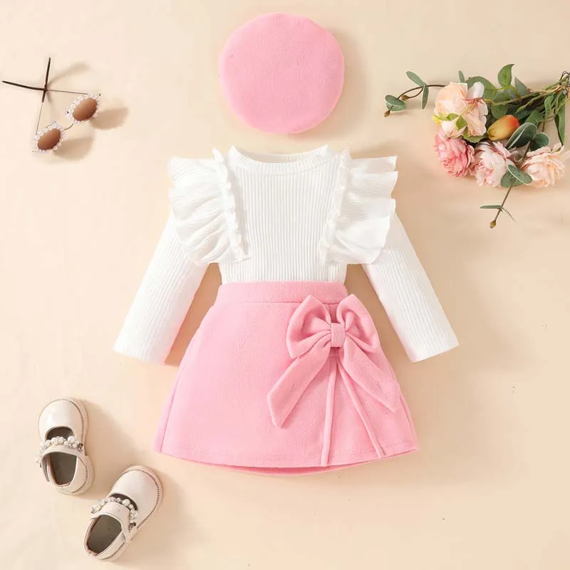 

Kids Baby Clothing Girl Set 1-3 Years Skirt Outfits Fashion Pit Stripe Ruffle Long Sleeve Top Bowknot Skirts Beret Suits