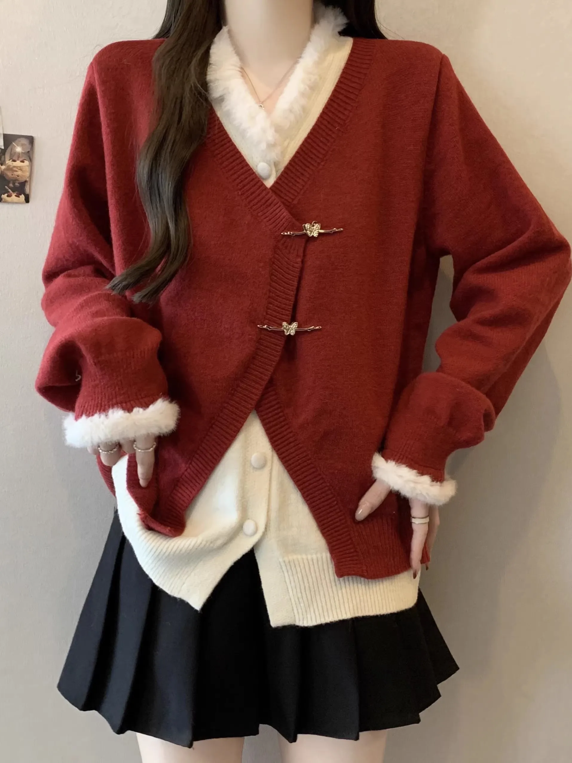 

Ele Red V-Ne Long Sve свитер, женский повседневный свитер из мягкой ткани, модный комплект из двух предметов, стандартный крой, весна 2026