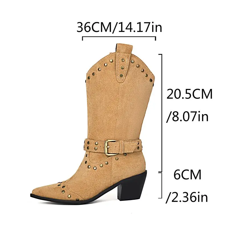 Girseaby Fashion Western Cowboy Boots Pointed Toe Block Heels 6cm Slip On Rivets Plus Size 44 45 46 Leisure Daily Mid Calf Bota