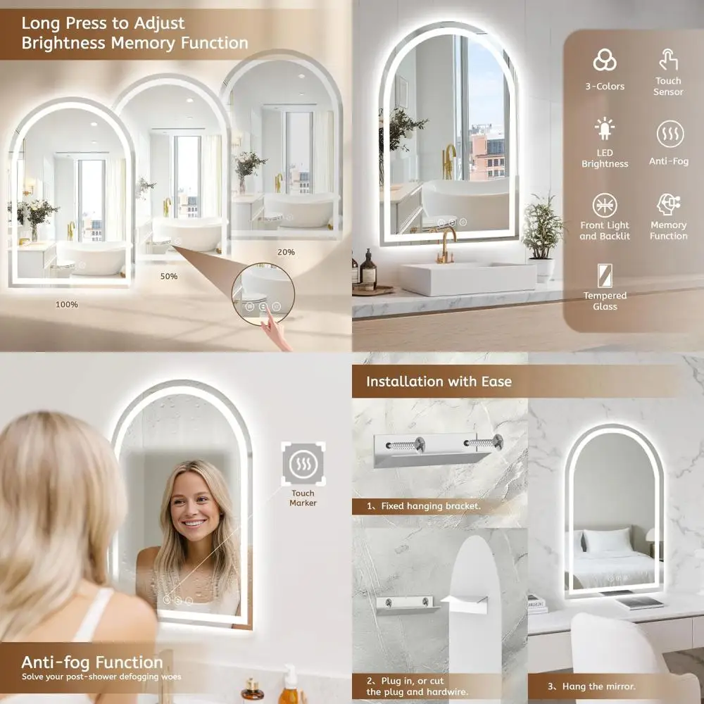 

40x30 Inch Arched LED Lighted Vanity Mirror with Anti-Fog, Front & Back Lighting, Dimmable, 3 Color Options, Touch Sensor Contro