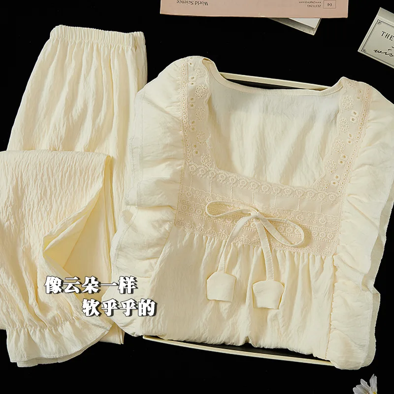 Neue Mädchen-Loungewear Frühling Herbst Quadratischer Ausschnitt Spitzenbesatz Pyjamas Damen Langarm-Hosen-Set Weiche Freizeitkleidung für Teenager