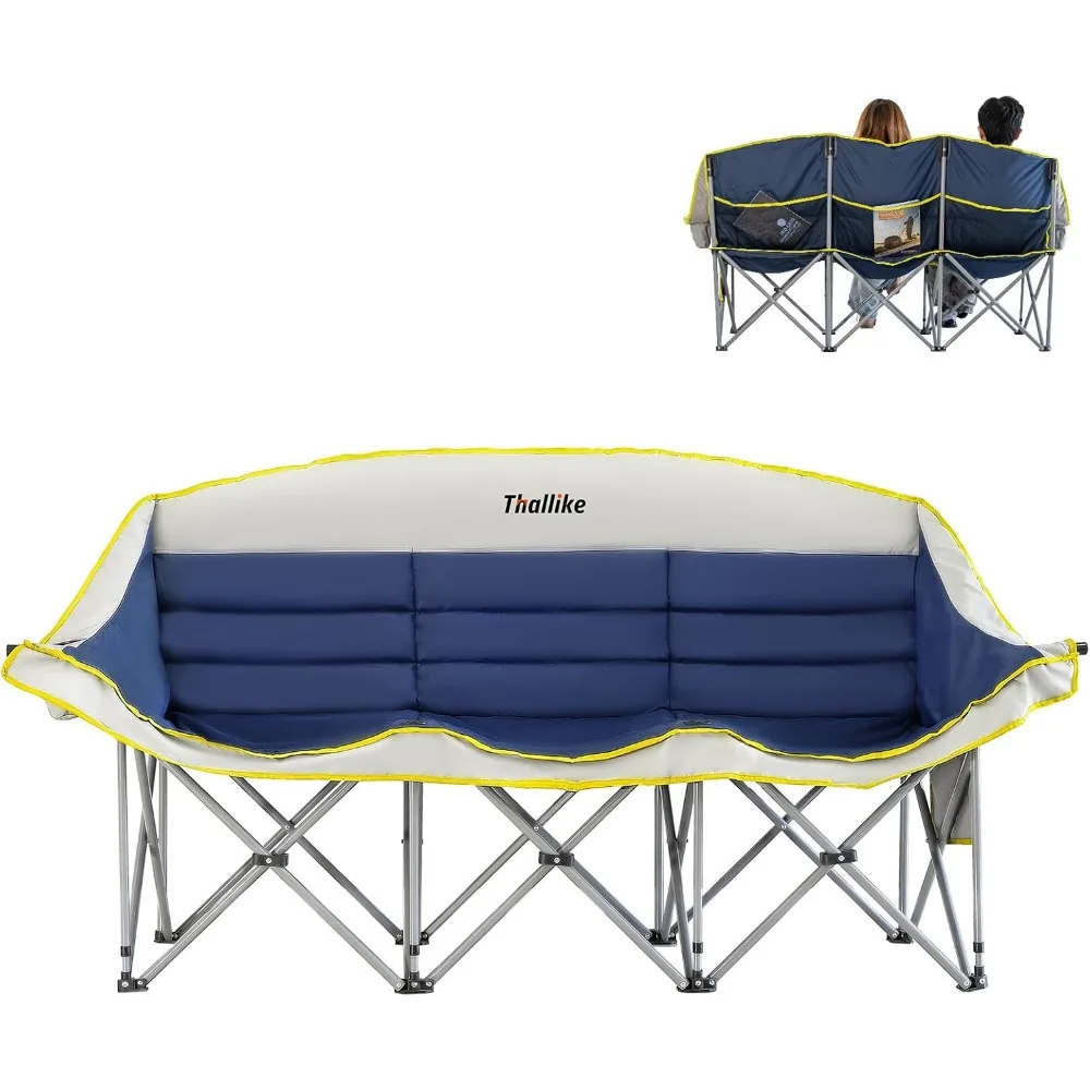 كرسي تخييم مزدوج - أريكة قابلة للطي للاستخدام الخارجي تتسع لـ 2-3 أشخاص مع حاملات أكواب وكأس للنبيذ - أريكة تخييم كبيرة الحجم بمقعدين للتخييم