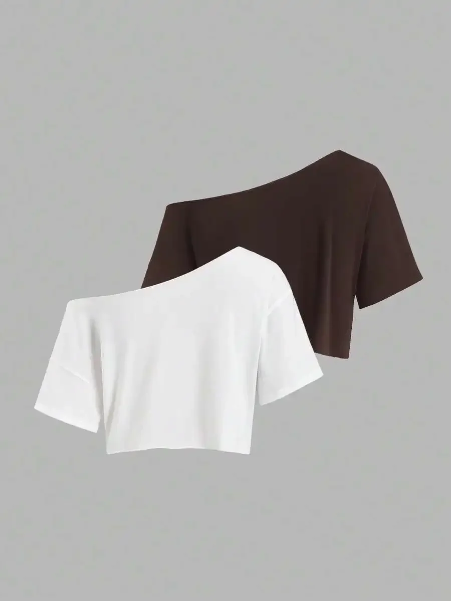 Womens Asymmetrical Shoulder Short Sleeve Crop Top Set, Casual Loose Fit T-Shirt for Summer Day Out