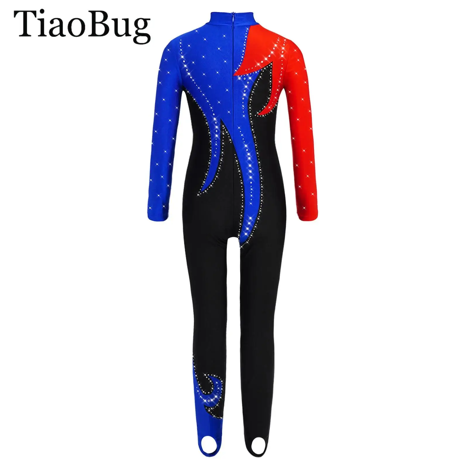 

Girls Color Block Figure Skating Dance Leotard Long Sleeve Rhinestone Ballet Gymnastics Jumpsuit Full Body Suit