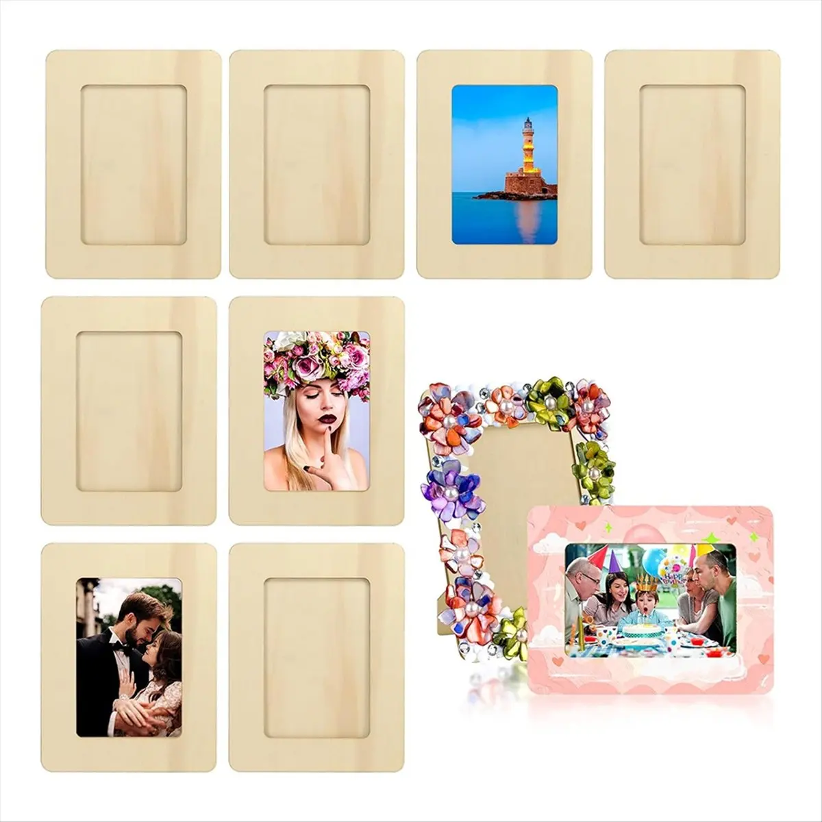 A75K 10 Pack Unfinished Wooden Picture Frames for 6inch Photos, Standing Postcard Picture Frame Set DIY Keepsake Kit