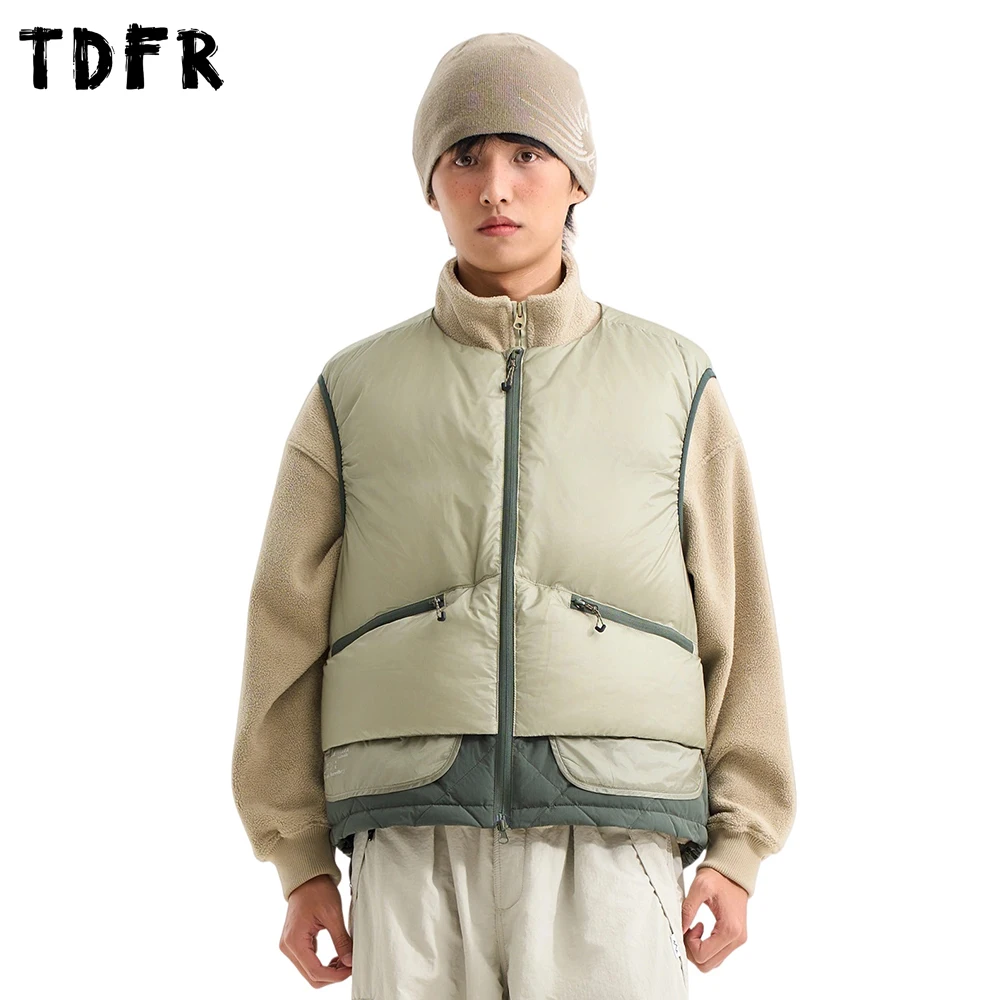 

Пуховый жилет с контрастными панелями, мужской карманный жилет с буквенным принтом, зимний толстый жилет с круглым вырезом без рукавов, свободный мужской жилет с подкладкой на шнурке