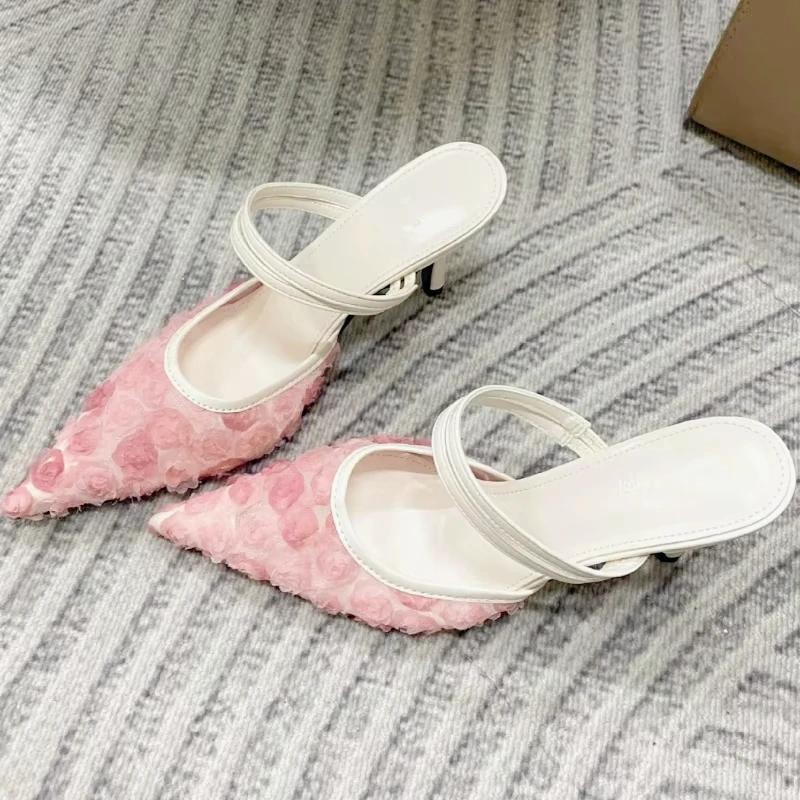 

Flower Design Brand High Heel Pumps Women Sexy Pointed Toe Mesh Breathable Slippers Elegant Party Backless Dress Shoe Mule Shoes