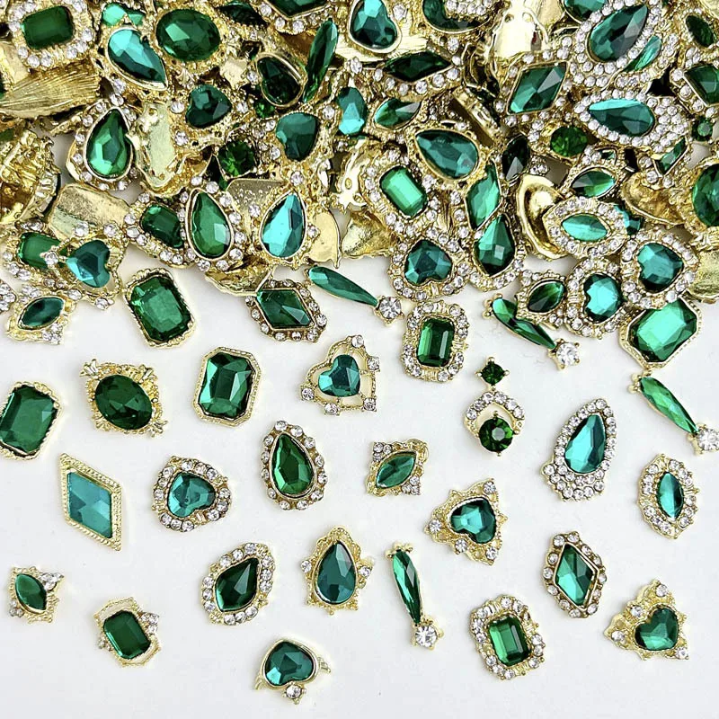 20PCS 3D Metal Alloy Geometric Nail Art Decoration Sparkling Dark Green Glass Rhinestones Inlaid Nail Charms for DIY Nail Crafts