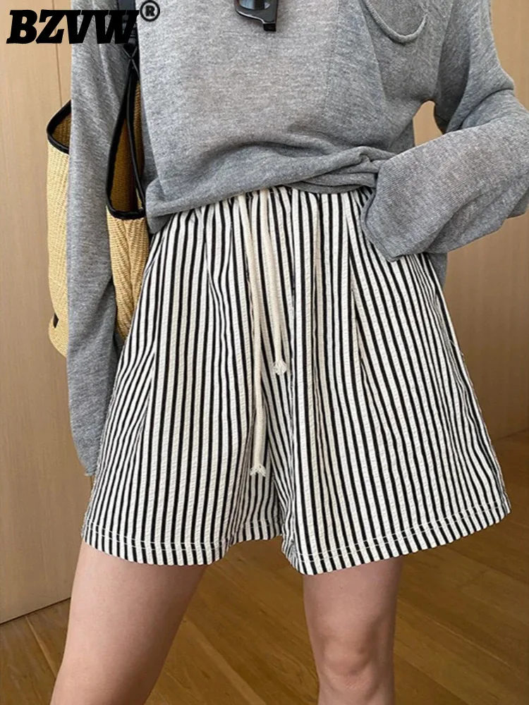 

BZVW Casual Striped Shorts For Women Drawstring Elastic High Waist Fashion Trousers 2024 Female Summer New Clothing 25A593