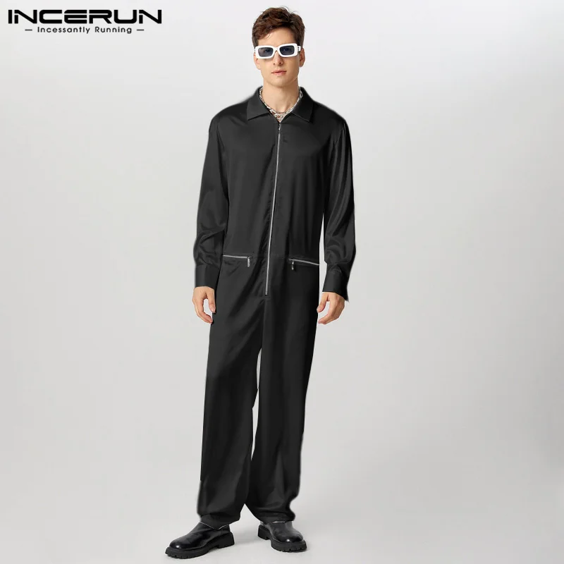 INCERUN Men Handsome Solid Color Zipper Jumpsuits Deconstruction Reflective Simple Pants 2024 Casual Loose Harajuku Trousers