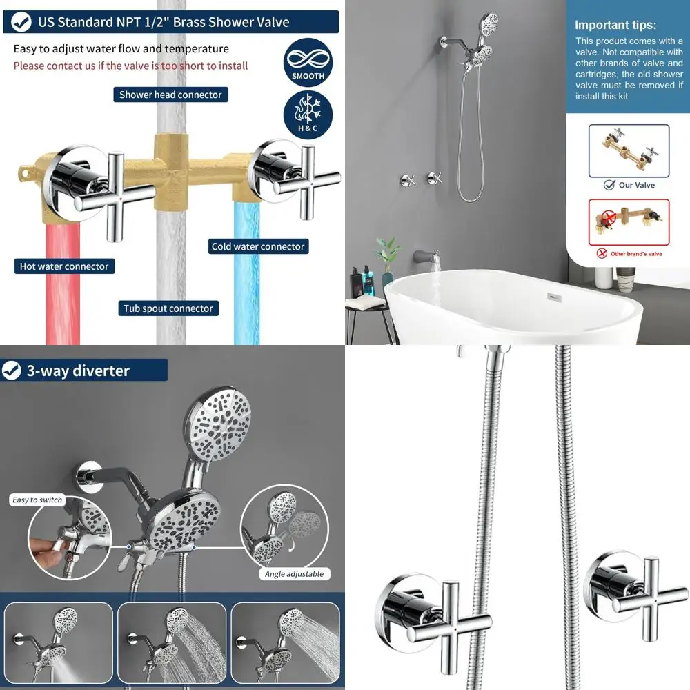 

Хромированная настенная душевая система с изливом для ванны, 2-мя ручками и полным комплектом отделки для ванны и душа