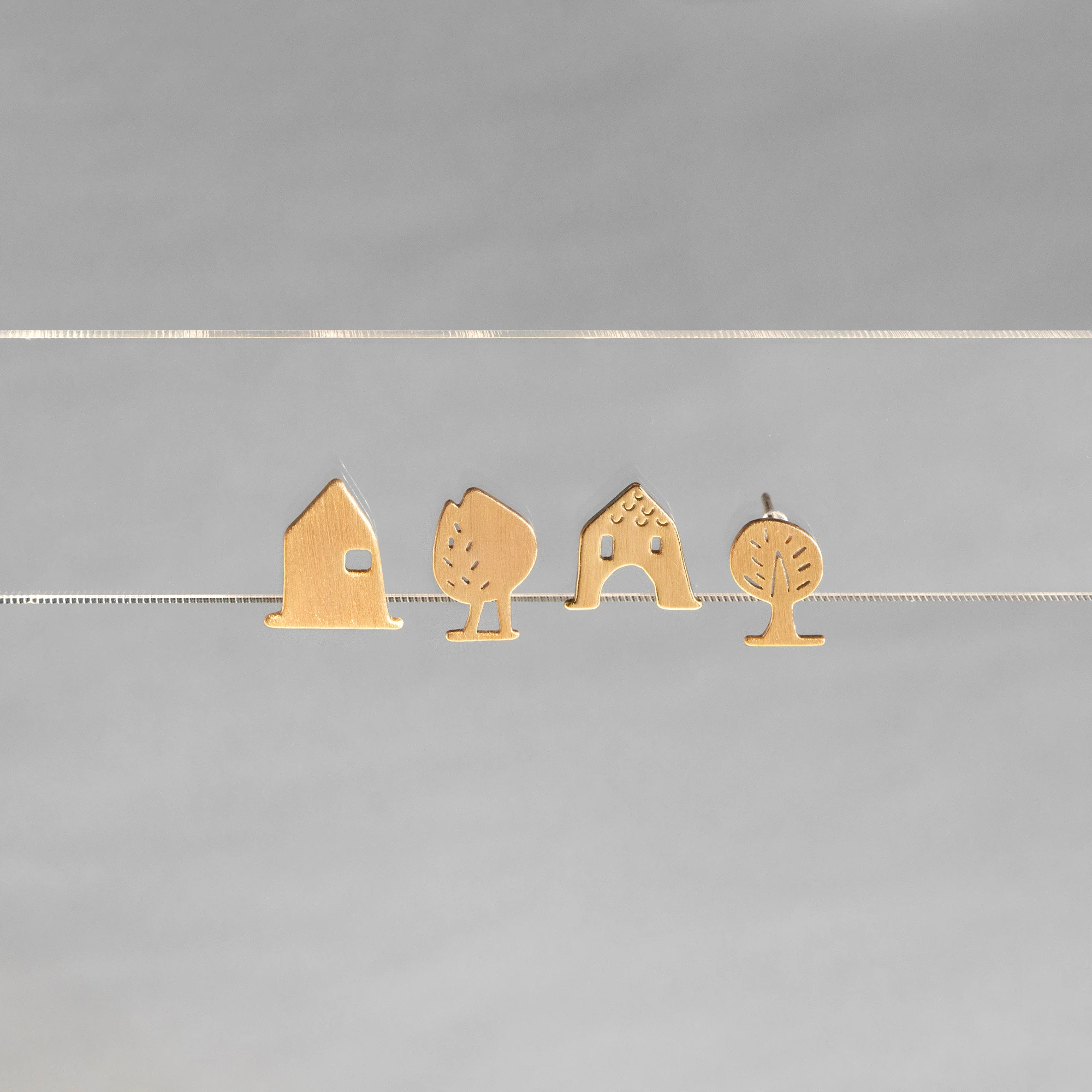

10pcs Gold House / Tree Earrings, Gold Plated Brass Minimalist Stud Earrings (GB-4549)