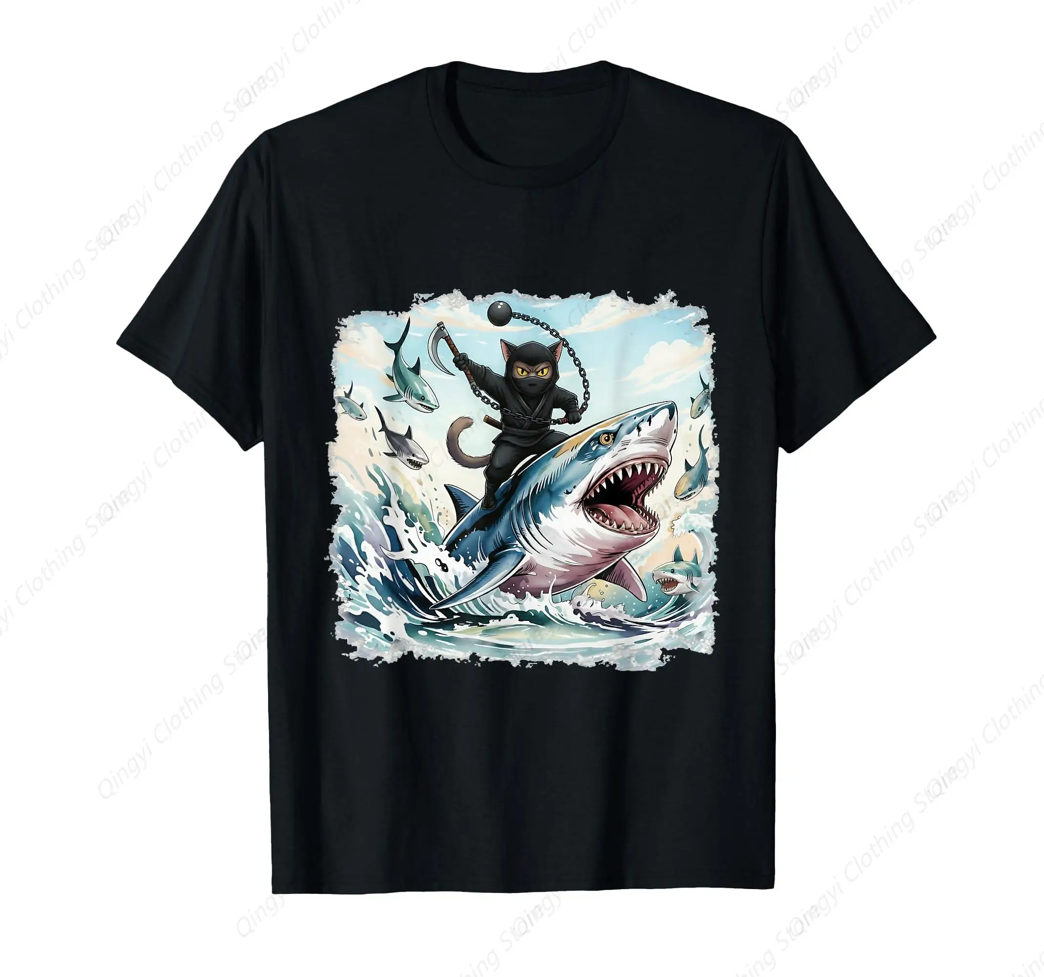 

Ninja Cat Riding Shark Stealth Martial Arts Ocean Battle T-Shirt