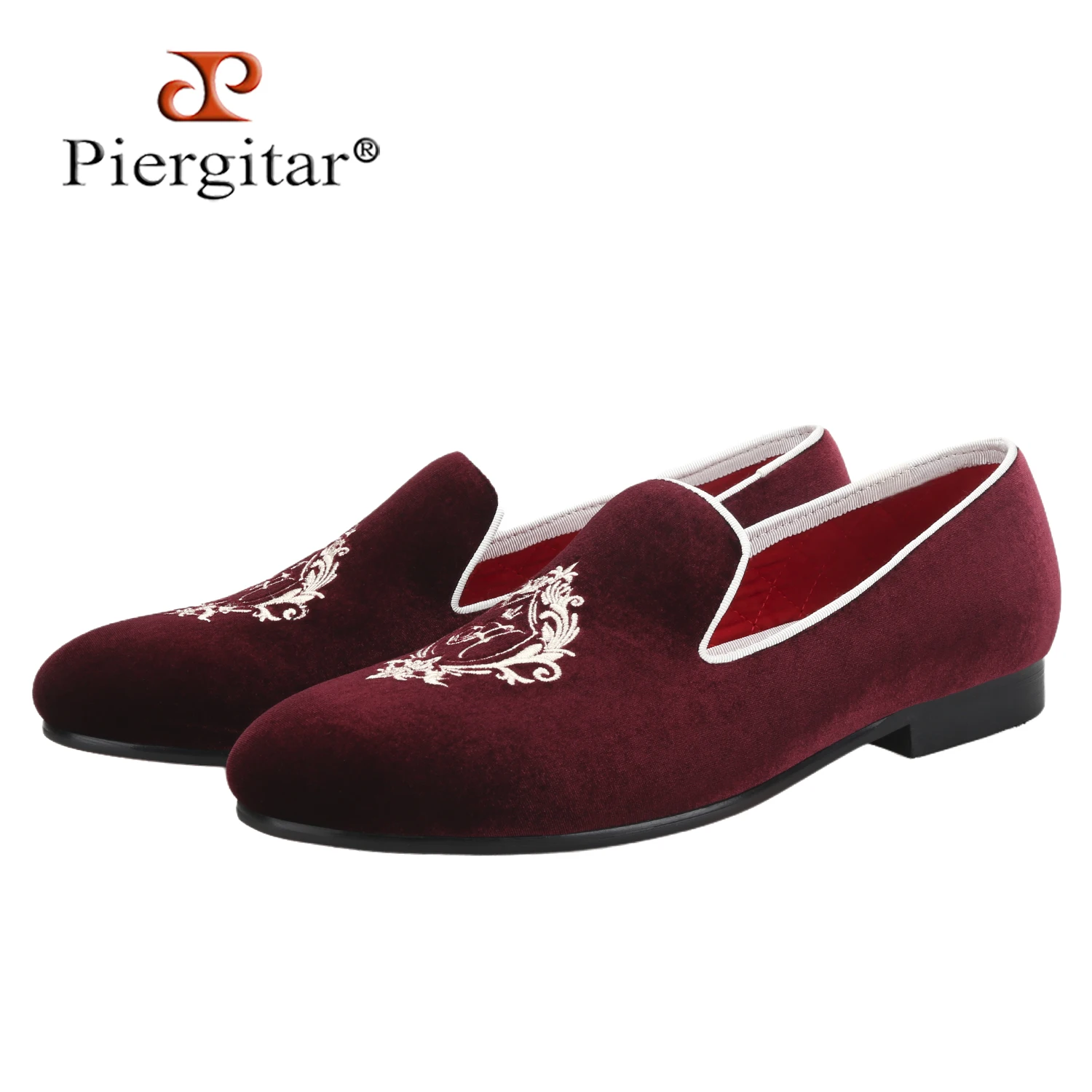 

Piergitar Dark Red Velvet Slip-On Loafers With Custom Letter And Crown Royal Style Embroidery For Party Wear Handmade Men's Flat