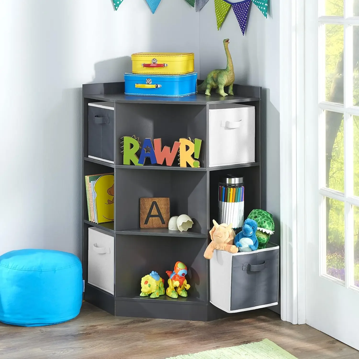 Basket Corner Cubby Toy Storage Unit for Kids with 4 Removable Baskets - Charcoal