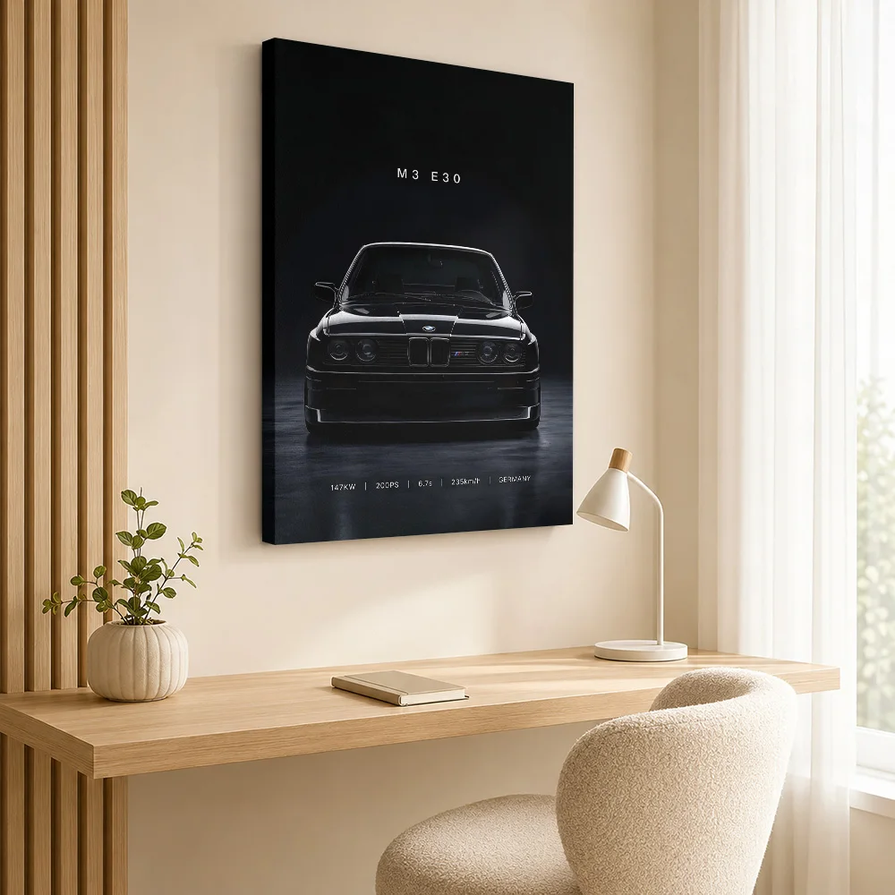 A striking minimalist Sports black m3 e30 car Framed Canvas Poster Custom Retro Automotive Canvas Wall Art for Game Room Decor