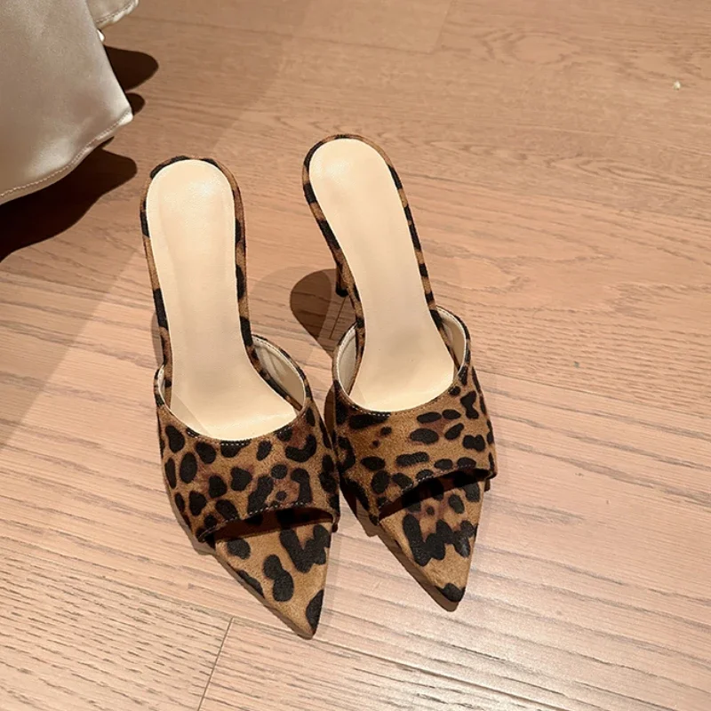 Summer High Heel Women Slipper Fashion Elegant Open Toe Leopard Slides Ladies Sexy Party Dress Sandal Pumps Shoes 34-40