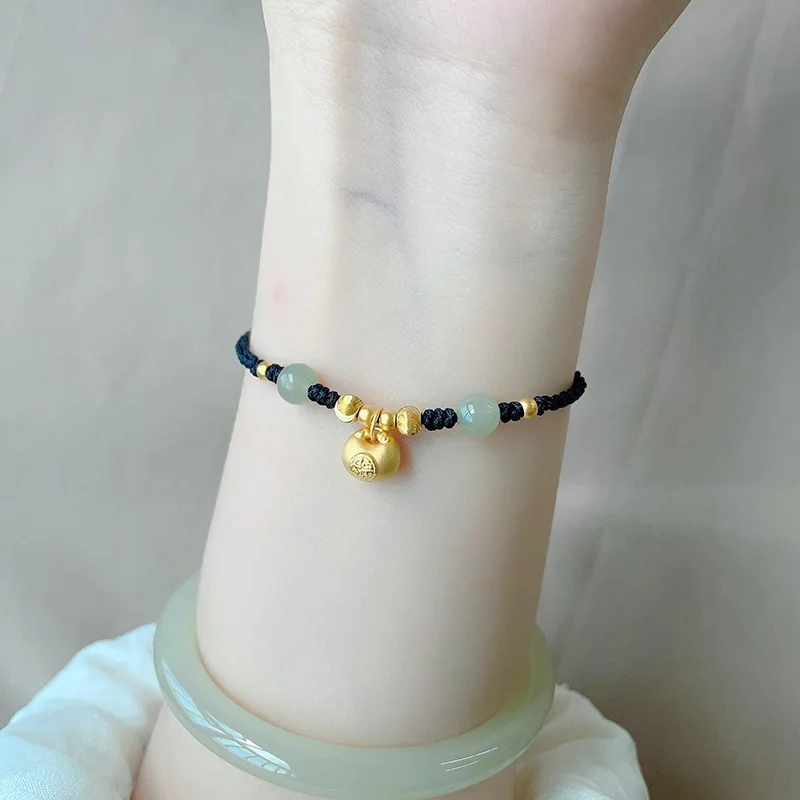 Gold Plated Lucky Charm Green Crystal Beads Wine Red/Black Rope Chain Braided Bracelet Women Men Fashion Hand Accessories 1612