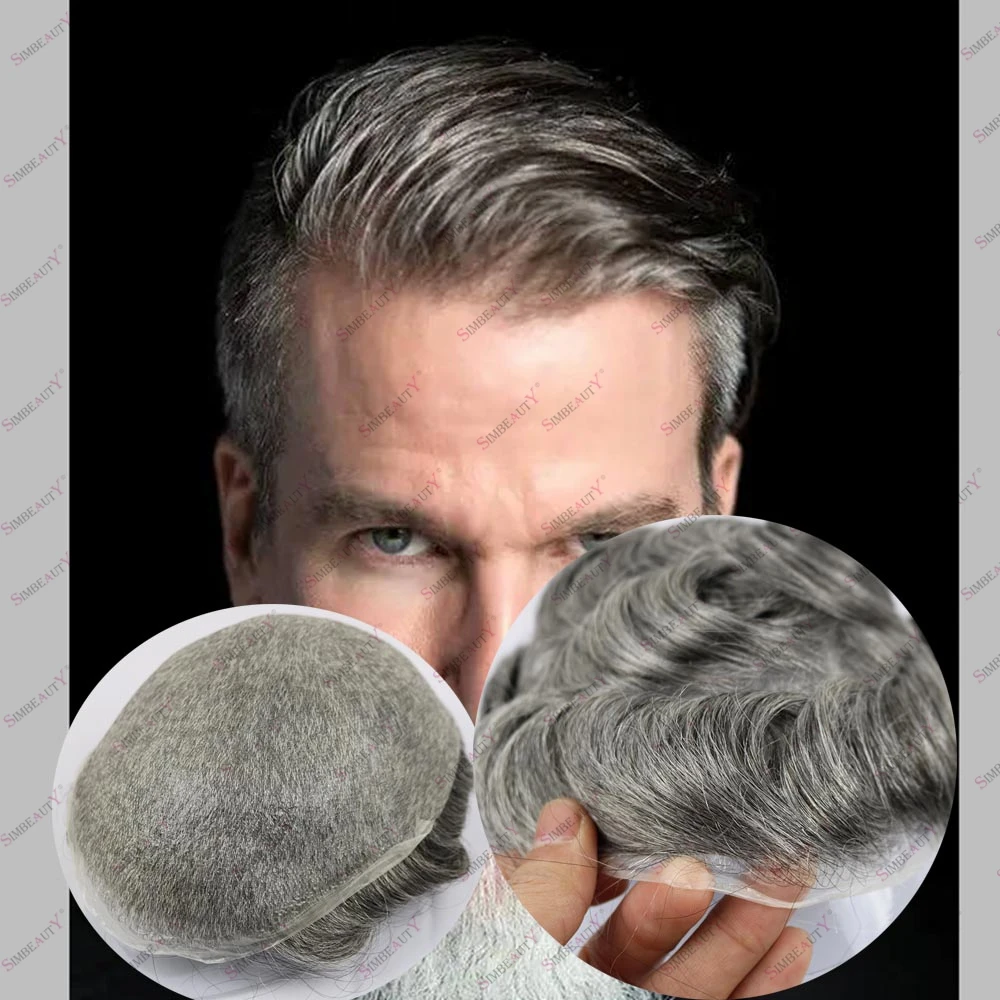 80%-90% Density Gray Men's Human Hair Vloop 0.02mm Thinnest Toupee Light Weight Natural Hairline Male Prosthesis System Invisibl