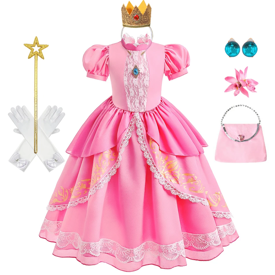 Peach Dress Kid Girls Princess Cosplay Costume Children Halloween Disguise Clothes Birthday Vestidos Party Outfit