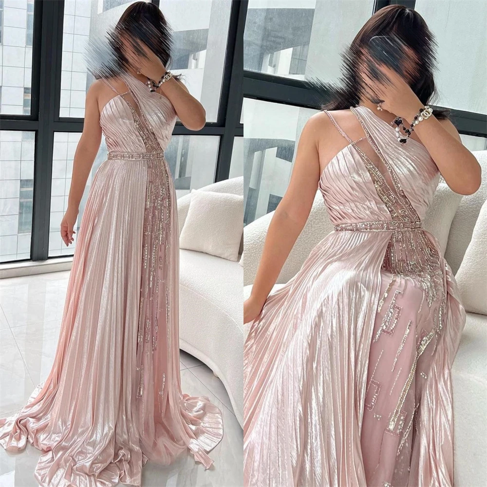  Evening Saudi Arabia Satin Rhinestone Draped Evening A-line Halter Bespoke Occasion Gown Long Dresses