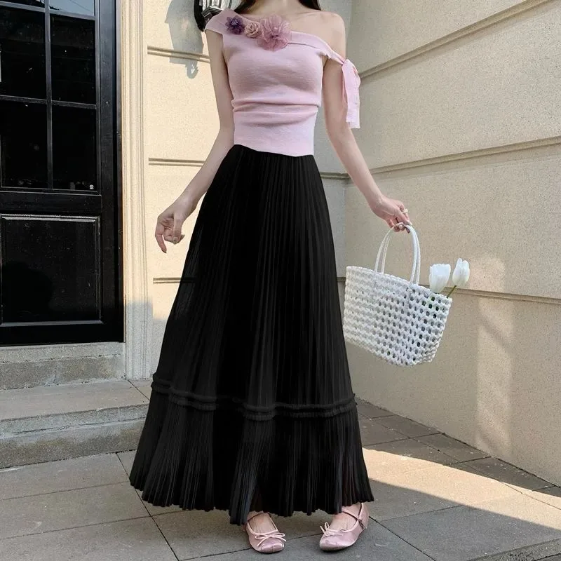 

Women High Waist Solid Pleated Mesh Layered Maxi Skirt