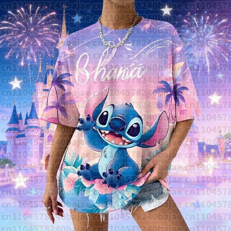 2026 بسيط ديزني غرزة طباعة المرأة الوجه الطباعة تيز المرأة تي شيرت عادية لينة قصيرة الأكمام بلايز ملابس مريحة فضفاضة