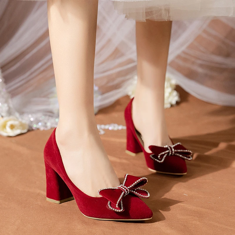 2024 Women\'s Spring and Autumn New Red Rhinestone Bow Large Wedding Shoes Pointed Comfortable Shallow Mouth High Heels