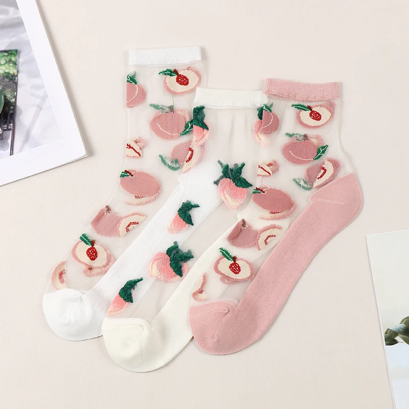 Dong Ai 1 Pairs Female Cute Japanese Crystal Sock Summer Thin Casual Peach Pattern Cotton Bottom Sokken Comfort Glass Silk Sox