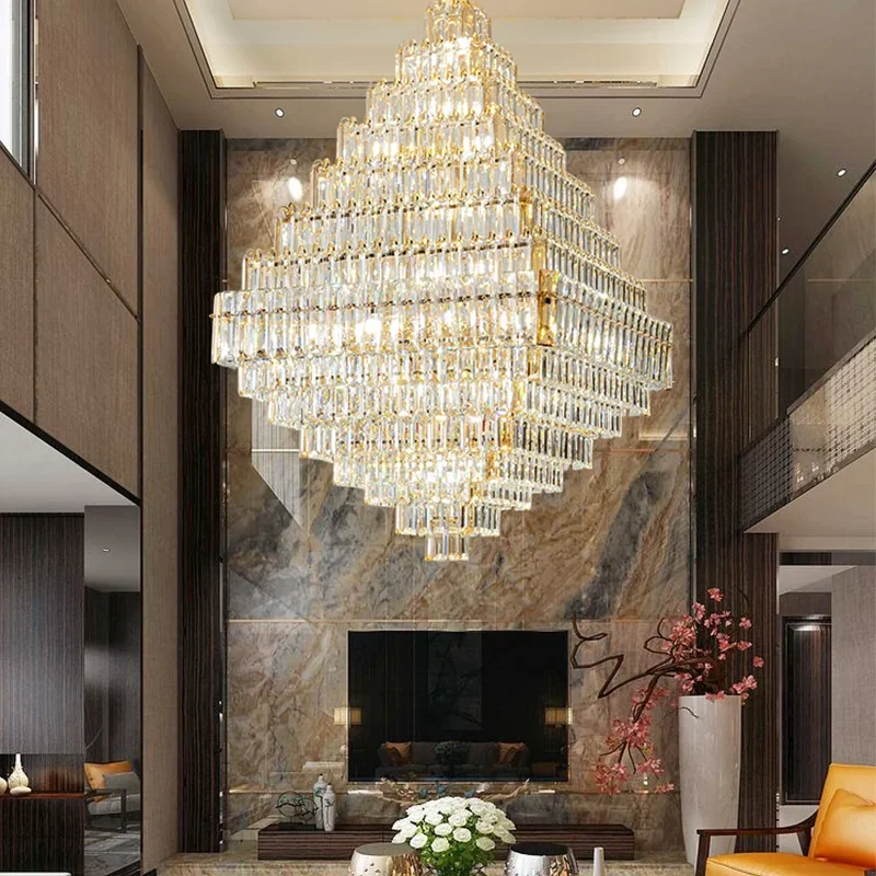 

Postmodern duplex building square pyramid crystal chandelier living room, middle floor, high-end hotel lobby lighting decoration