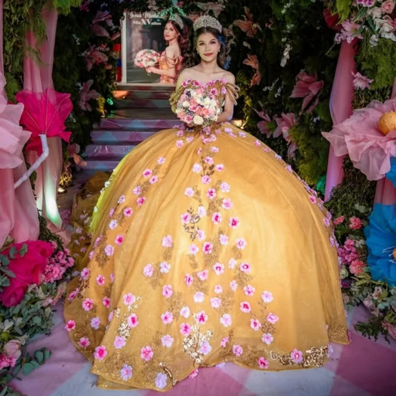 Vestido quinceanera dourado brilhante, renda, camadas de cristal, glitter, decalque, flor 3d, cauda longa, vestidos de 15 quinceanera ﻿ Personalizado