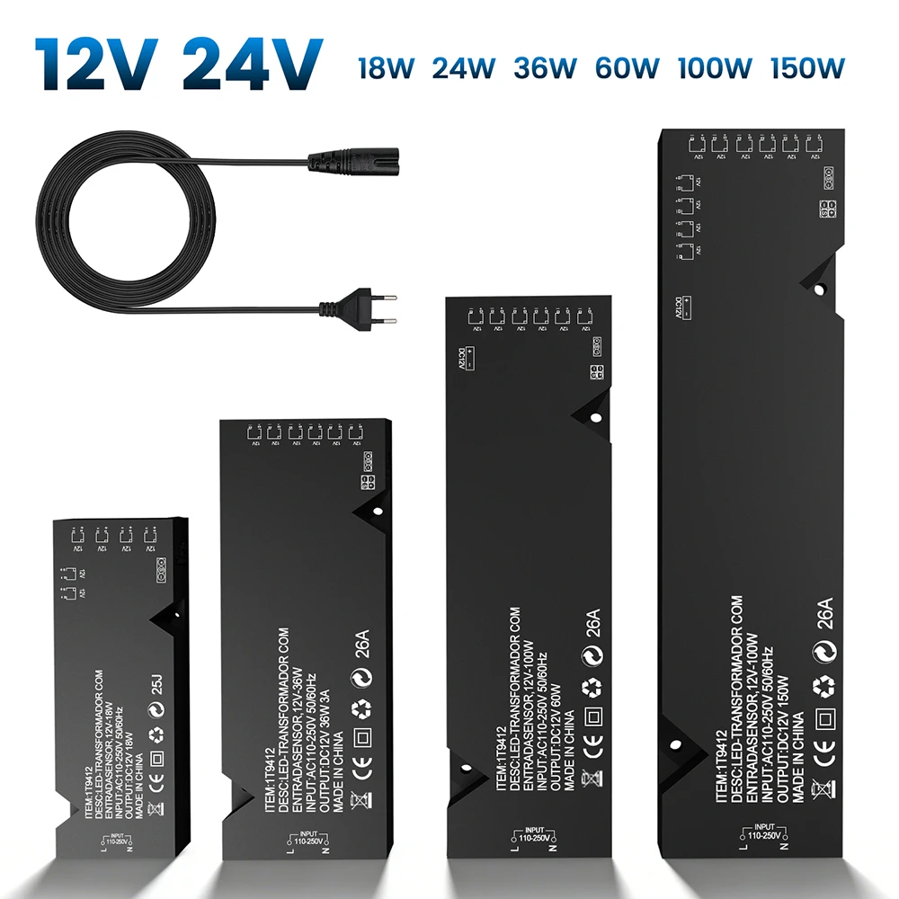 AC 110V 220V to DC 12V/24V LED Power Transformer 1.5A 2A 3A 5A 8A 12A Adapter for Multiple Strip Light Wardrobe Cabinet Lighting