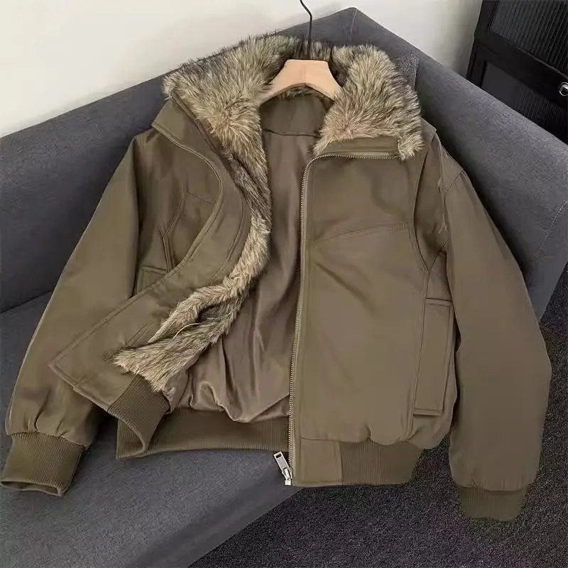 Vintage Winter Fur Collar Cotton Coat Thick Warm High-end Cotton Padded Jacket Streetwear Long Sleeves Short Top Trendy Coats