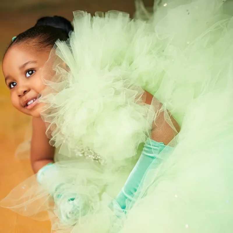 Green Pleats One Shoulder Flower Girl Dresses Lace Appliques Sequined Tulle A-Line Floor Length Sleeveless Birthday Party Gowns