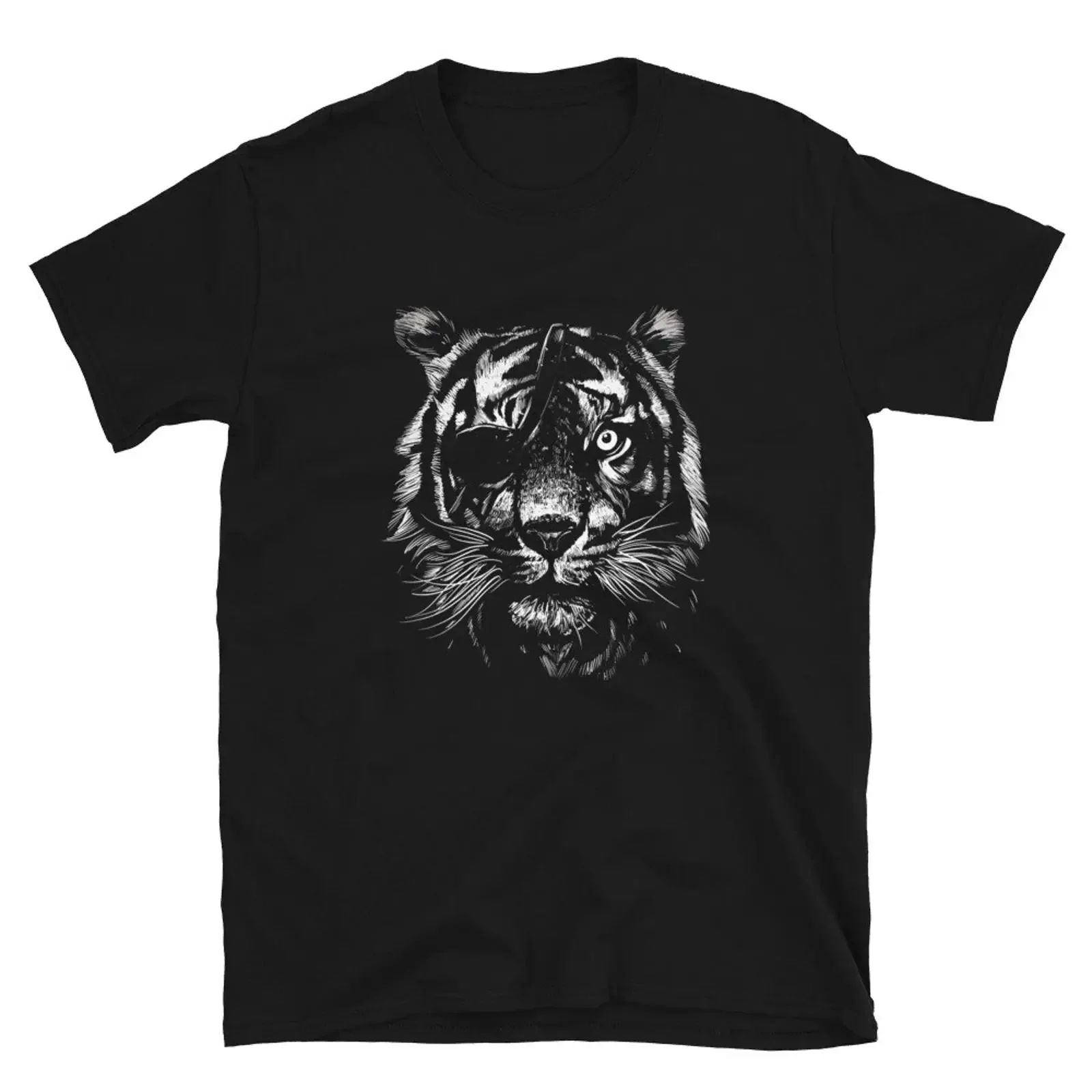 Tiger With An Eyepatch Cooles T-Shirt im Vintage-Stil, gewaschen, modische Streetwear, atmungsaktiv, vielseitiges Oberteil für den Alltag, weich, für Herren
