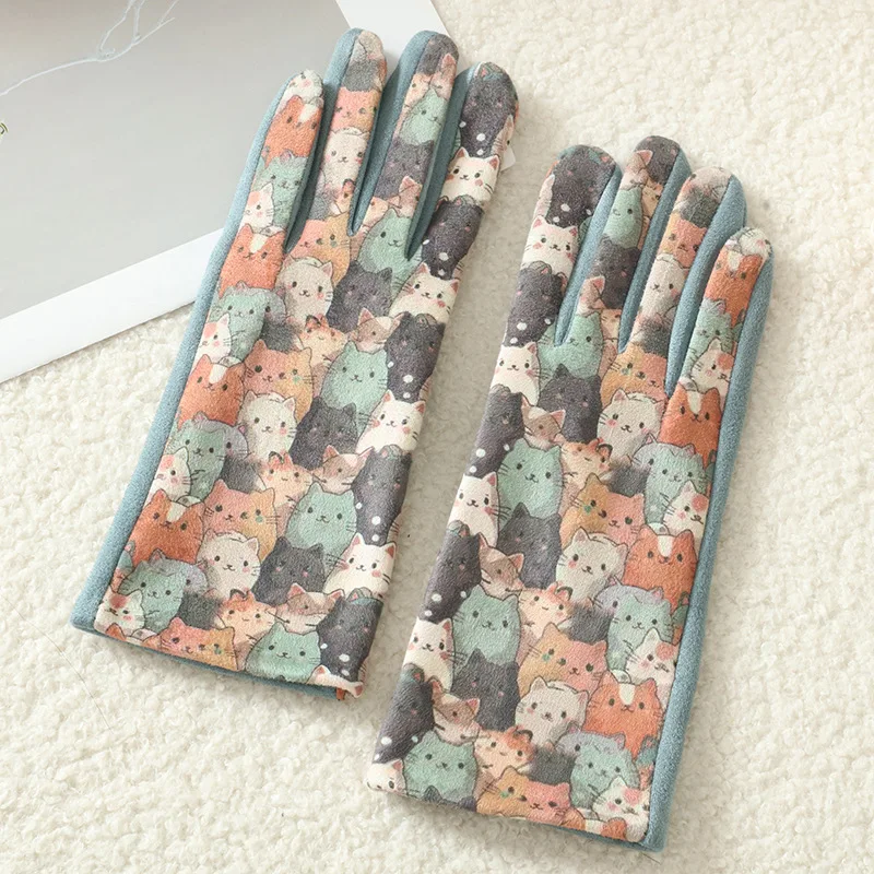 الكرتون الطباعة لطيف القط الكلب النفط اللوحة الجلد المدبوغ قفازات النساء الشتاء سميكة الدافئة لمس قفازات طالب فتاة منع البرد #6