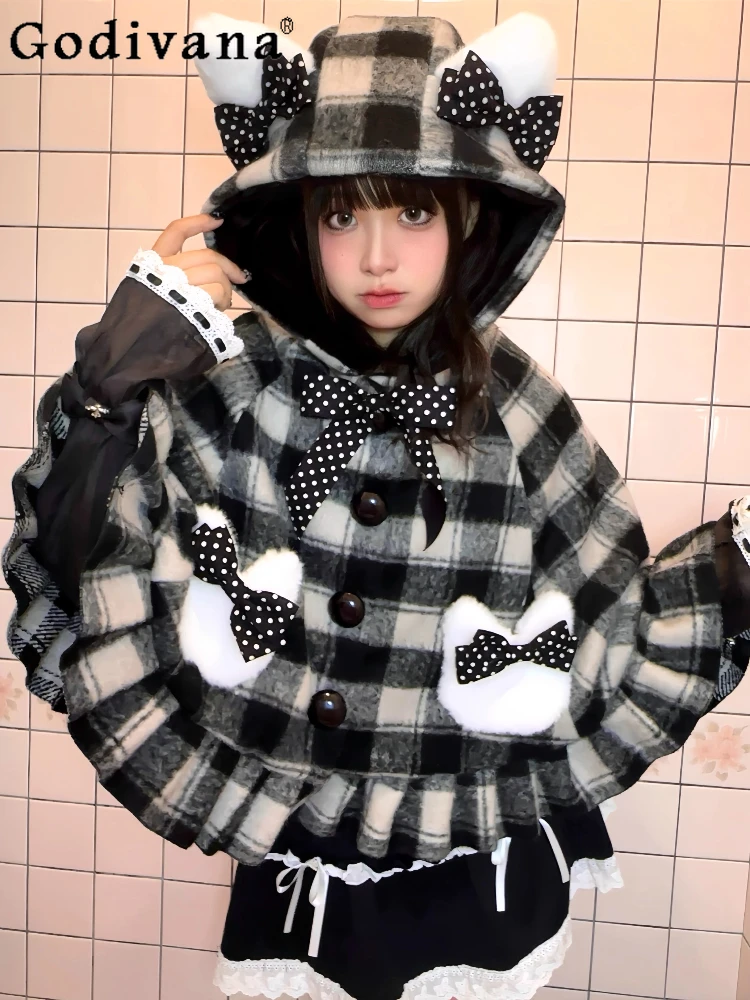 

Японский сладкий плащ с капюшоном в стиле Лолиты, осень-зима, новый мягкий кавайный теплый клетчатый короткий плащ для девочек, женские накидки Y2K, пончо