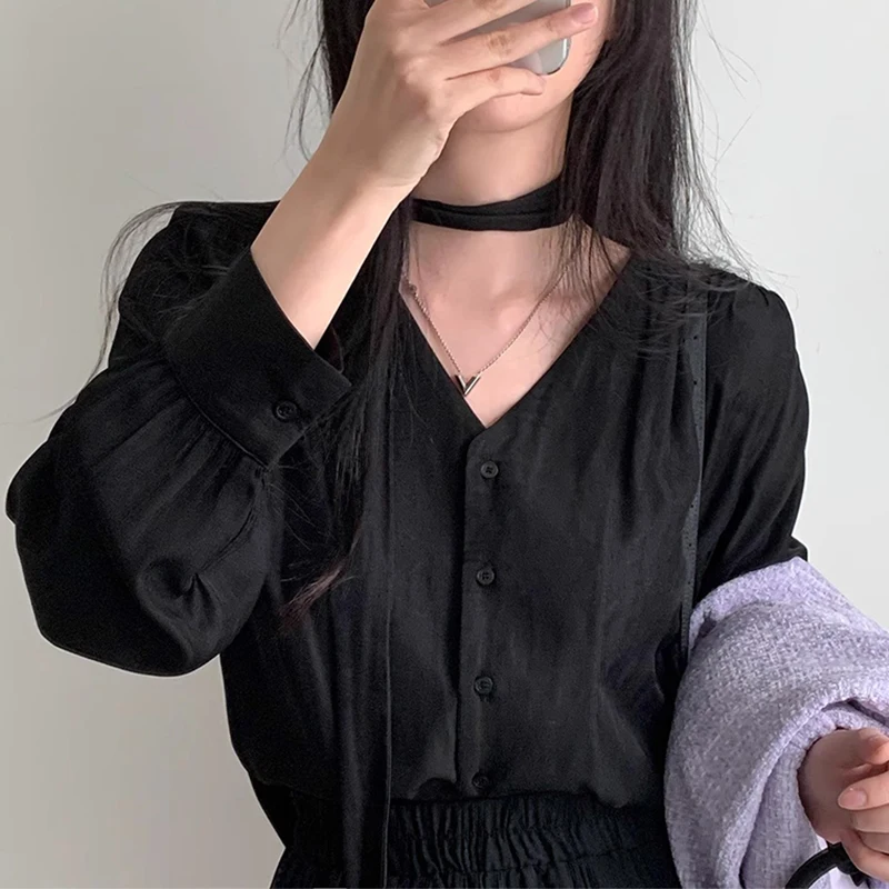 Chic V-ne Long Sve Single Button Loose Women's Casual irt Korean Sle Commute Faion Autumn Trend Loose Fit irt