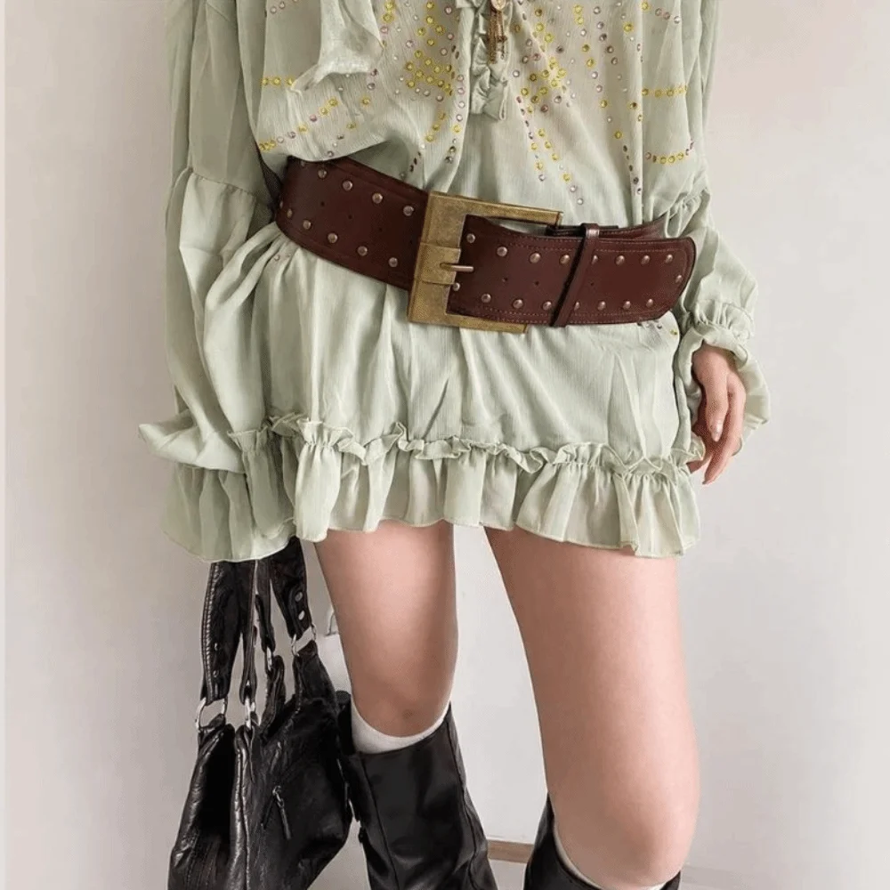 Plus Size Wide PU Leather Belt Heavy-Industrial Design Western Cowboy Style Rivet Waist Belt Rivet Patchwork Trendy Punk Style