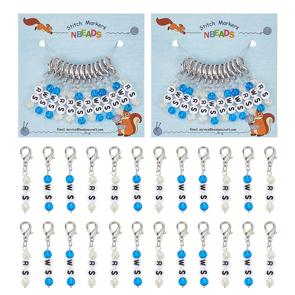 24PCS Acrylic & Glass Beaded Word RS/WS Pendant Locking Stitch Markers Right Side/Wrong Side Zinc Alloy Lobster Claw Clasp