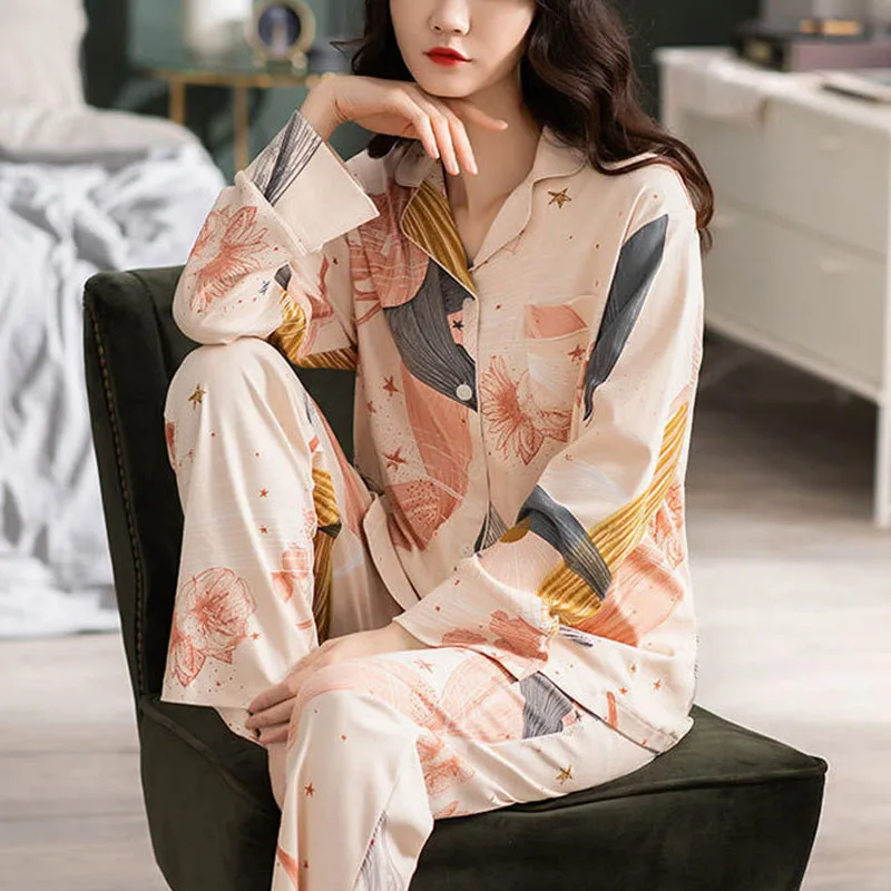 2PCS/Set Women Pajamas Long Sleeves Sleepwear Lapel Print Cute Korean Fashion Breathable Floral Casual Winter Pajamas Plus Size