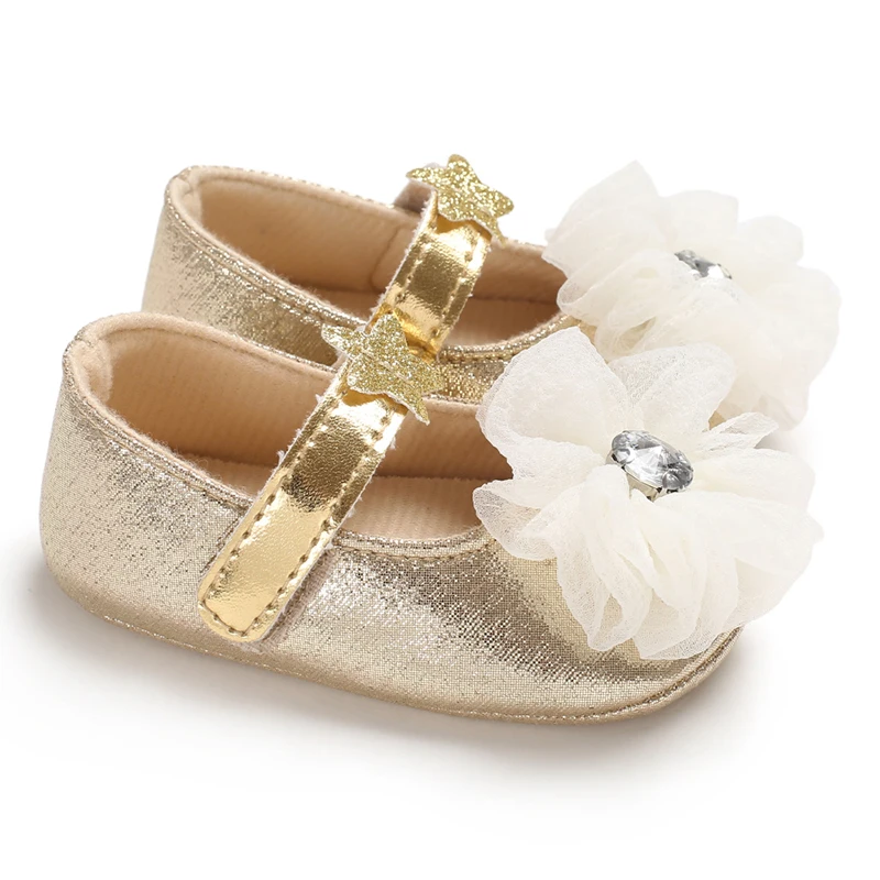 Baby Learning Walk Shoes, Metallic Shiny Infant Dress Shoes, Floral Rhinestone Bow Soft Daily Walking Footwear 0-1 Year