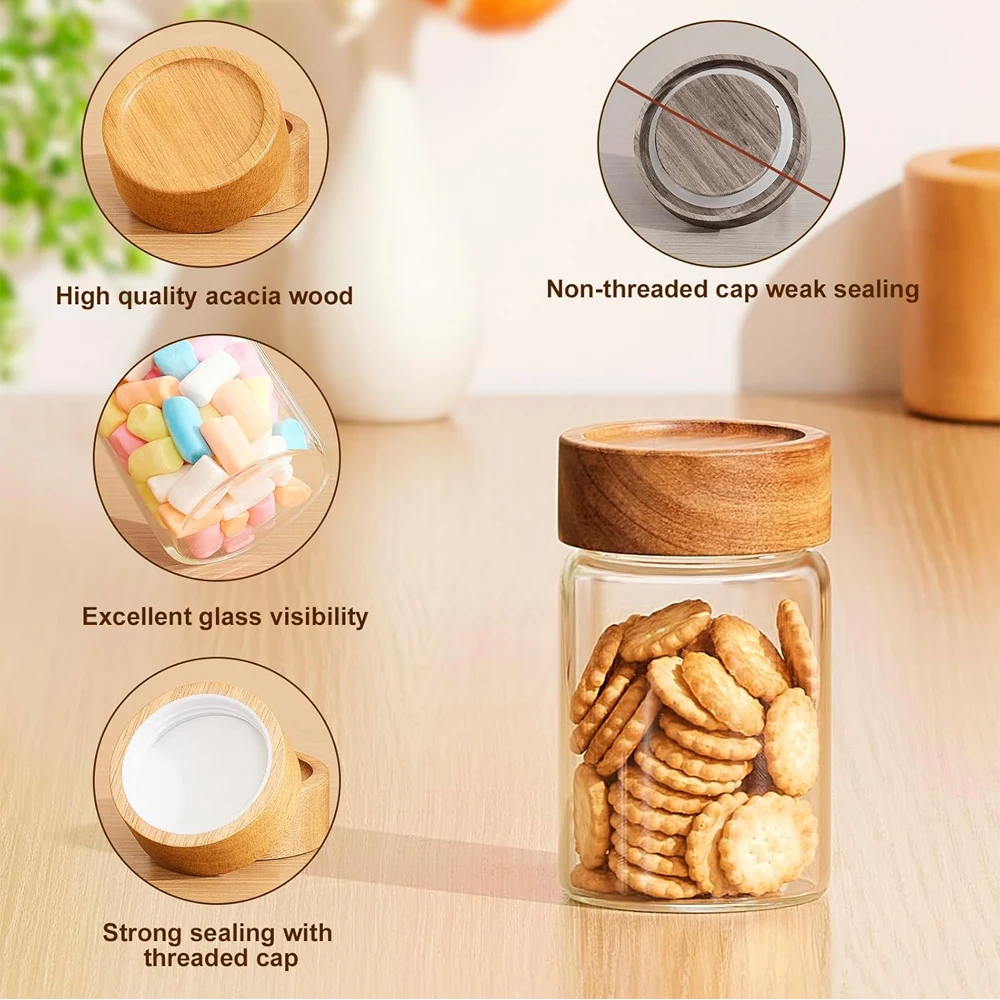 Glass Food Storage Jars with Screw Airtight Seal Acacia Wood Lids,Spice Jars with Lids, Organization for Jars Bottles Containers