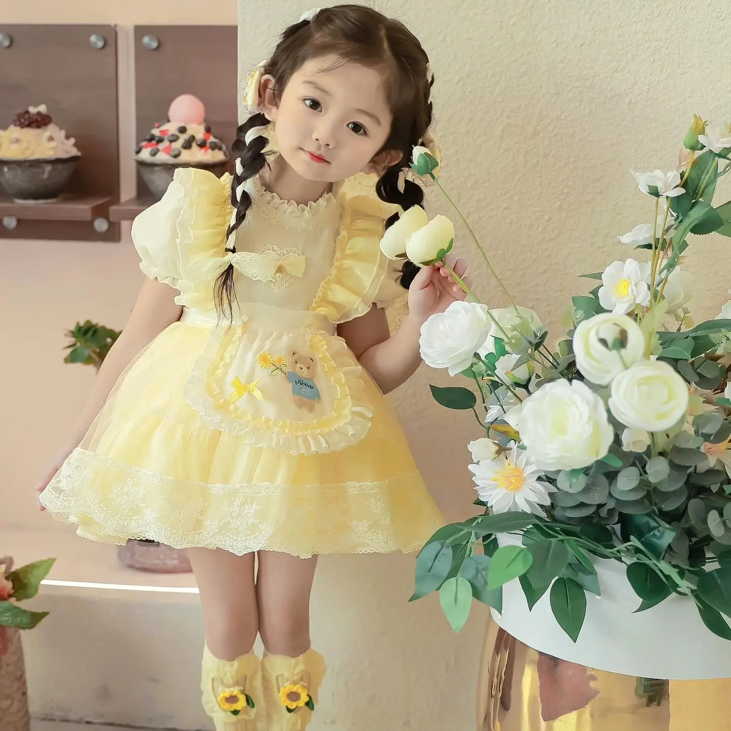 

Summer Girls Korea Birthday Tulle Yellow Cute Bear Wedding Ball Gown Bow Party Dress Princess Floral Baby Children Lace Skirts