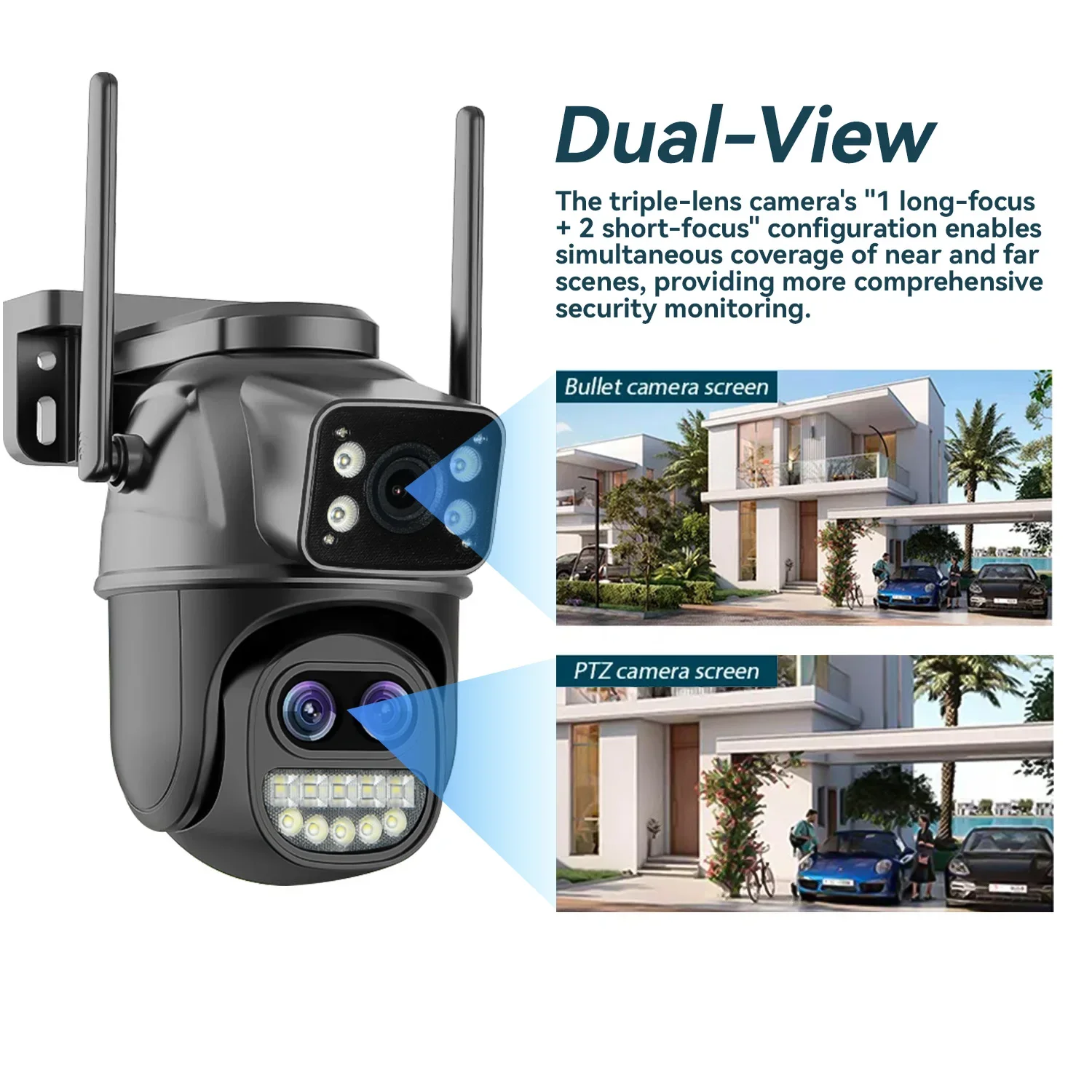 15MP WiFi Surveillance Camera, Three Lens , 10X Digital Zoom, Color Night Vision, AI Human Detect, Outdoor Security PTZ IP Cam
