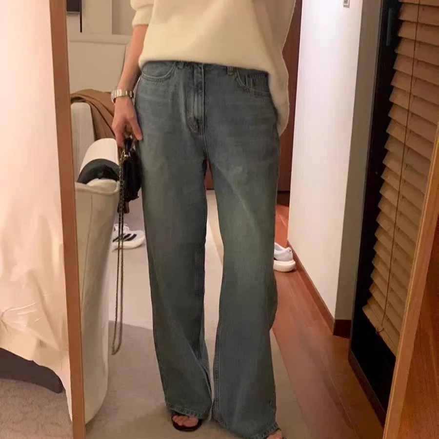 Pantaloni lunghi jeans larghi versatili di base a gamba dritta blu per donna a vita alta slim Sle autunno nuovo arrivo