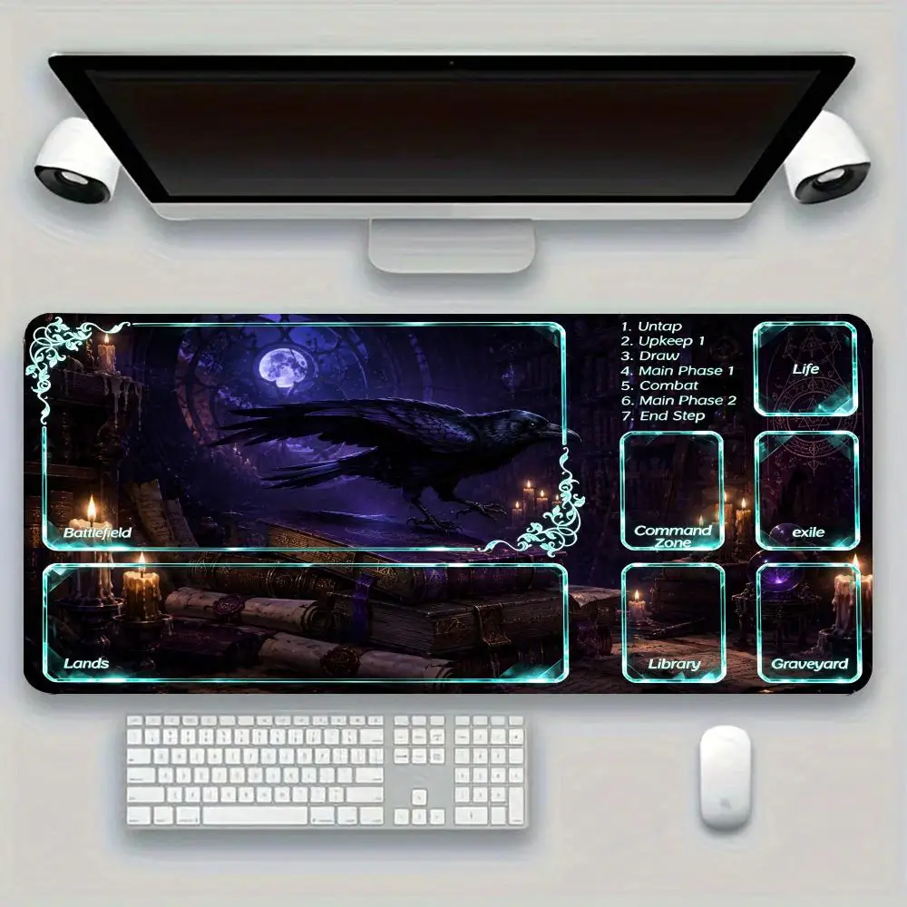 Moon Raven Playmat Gothic Night Crow Gaming Mousepad Divided Card Zones Large Table Mat