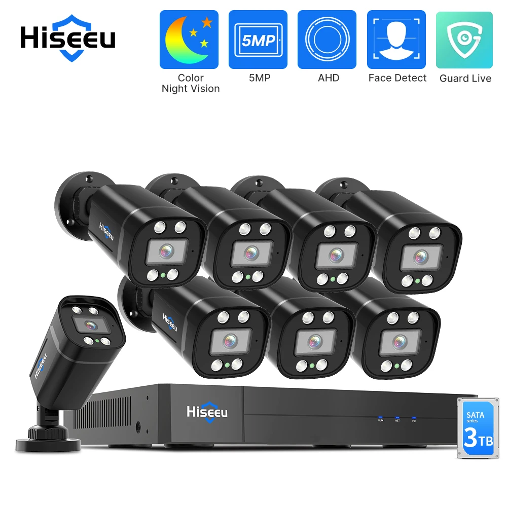 Hiseeu 8CH AHD Camera Security System Kits 5MP Home Surveillance Cameras DVR Set Face Detect Full Color Night Vision Guard Live