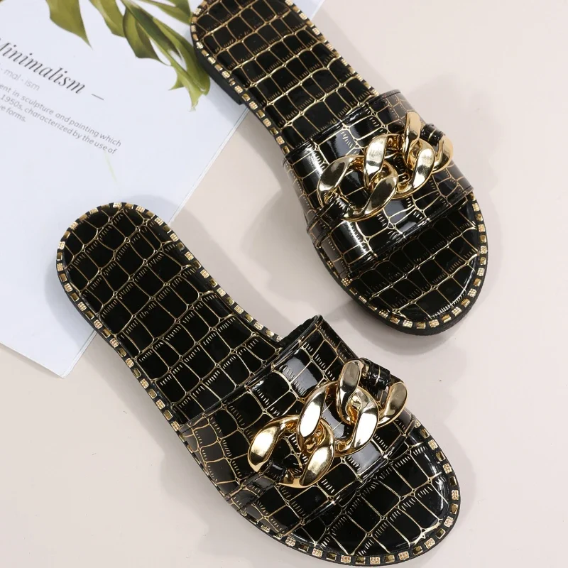 Plus Size 35-43 Flat Leopard Women'S Slippers New European American Metal Chain Square Toe Flat Shoes Women'S Sandals Slippers