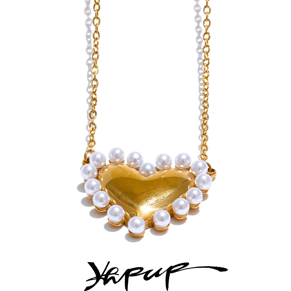 Yhpup Elegant Imitation Pearls Heart Love Popular Necklace Pendant Stainless Steel Romantic Collar Neck Jewelry Waterproof